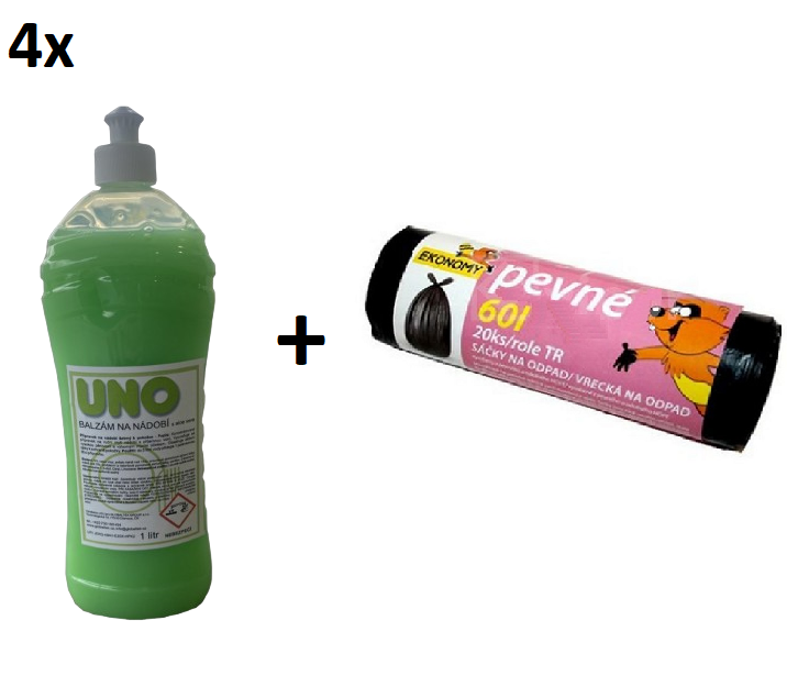 UNO balzám na nádobí 4x 1l + Sáček-odpad 9mi 60l TOP 20ks ZDARMA