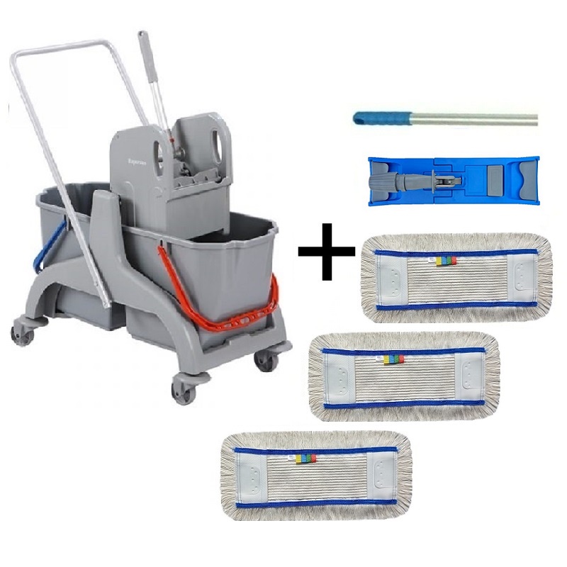 1ks Úklidový vozík DOUBLE PL 2x25l + FLIPPER Mop sestava s 3mi návleky 40cm